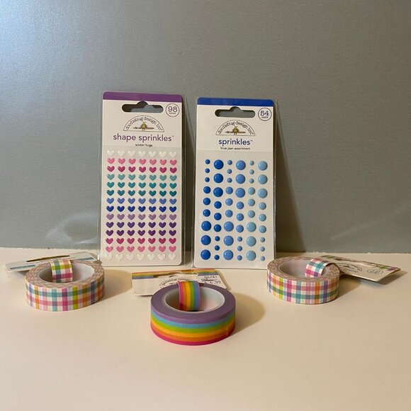 Doodlebug Design Shape Sprinkles & Washi Tape Set Hearts Rainbow & More - Picture 1 of 6